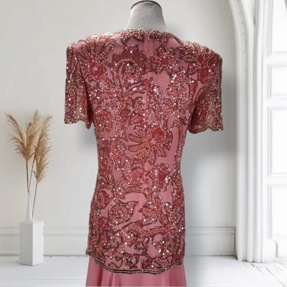 Vintage Lillie Rubin Sequin Silk Cocktail Dress Size 8 Pink Drop Waist Fit Flare - Picture 7 of 16